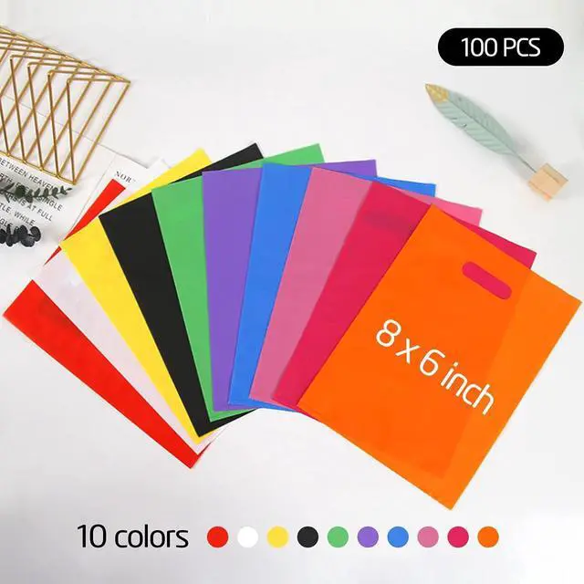 Alt view image 2 of 7 - Plastic Party Favor Small Gift Bags, 100 PCS 6" x 8" Goodie Bags for Kids, Candy Treat Pouches Bulk with Handle for Kids' Birthday Party, Thanksgiving, Christmas, Halloween, 10 Colors
