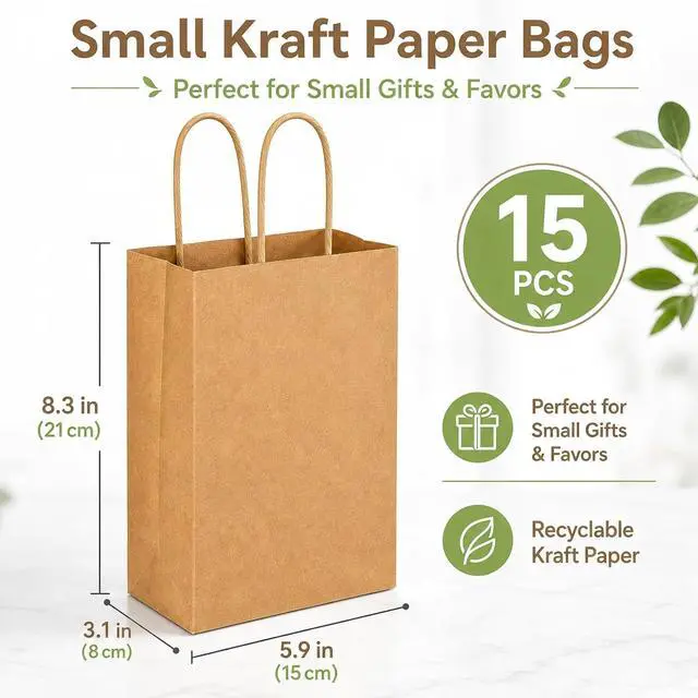 Alt view image 3 of 7 - MAQIHAN Brown Paper Bags with Handles - 15 Pcs Small Kraft Gift Bags