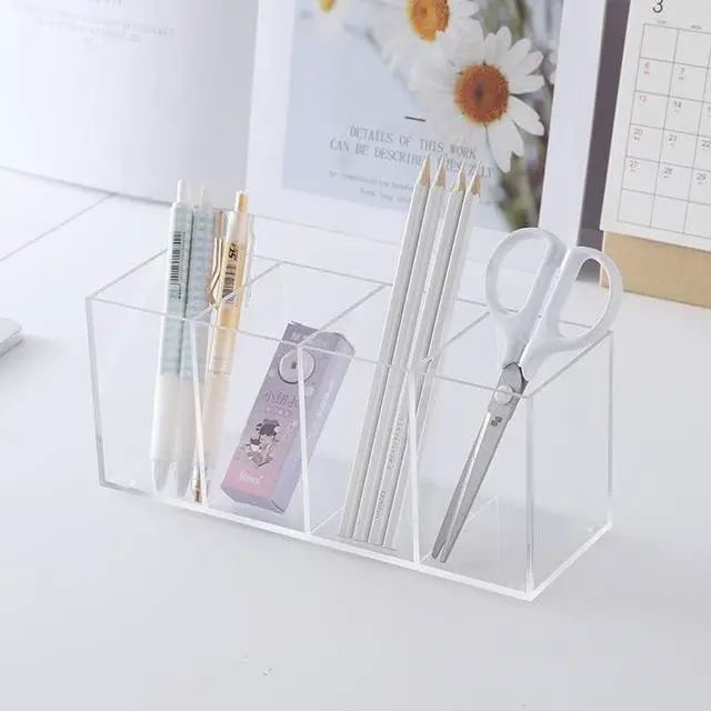 Alt view image 3 of 6 - HSYMQ Acrylic Pen Holder 4 Compartments Clear Pencil Holder Organizer Makeup Brush Holder