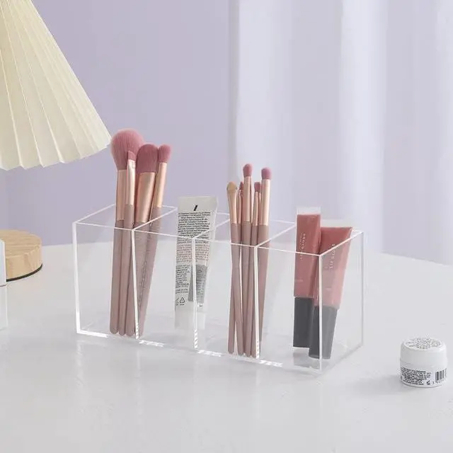 Alt view image 2 of 6 - HSYMQ Acrylic Pen Holder 4 Compartments Clear Pencil Holder Organizer Makeup Brush Holder