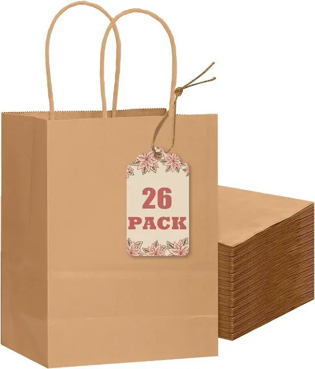 Main image of qiqee 26-Packs Brown Gift Bags with Handles Bulk 8.3"x3"x 6" Small Size Kraft Paper Bags Multiple Uses (Small Size)