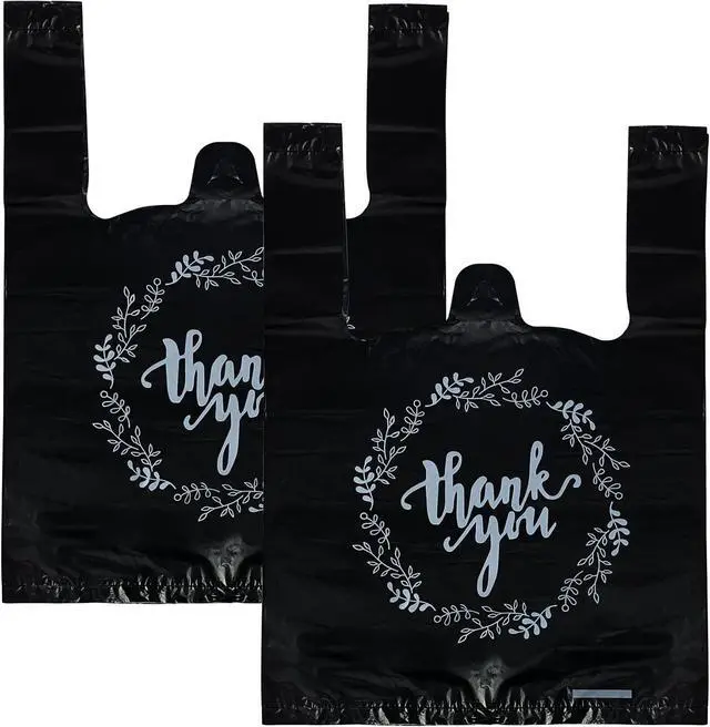 Main image of TOSPARTY 100PCS Black Thank You T-Shirt Bags Plastic Bulk Shopping Restaurant Bags 8.7 x 4.1 x 11.6