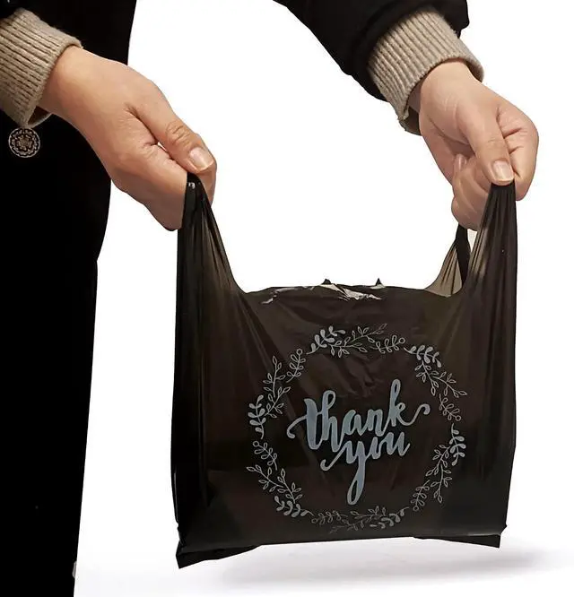 Alt view image 3 of 7 - TOSPARTY 100PCS Black Thank You T-Shirt Bags Plastic Bulk Shopping Restaurant Bags 8.7 x 4.1 x 11.6