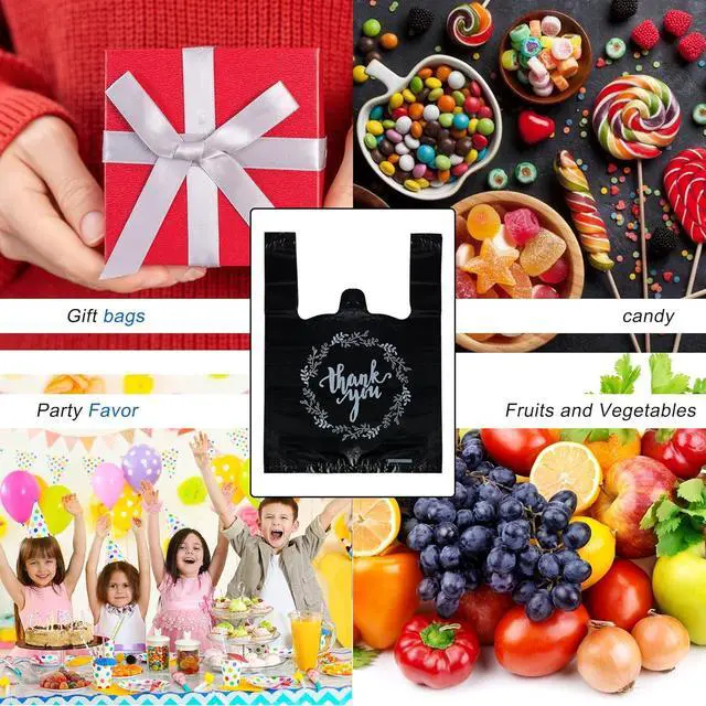 Alt view image 7 of 7 - TOSPARTY 100PCS Black Thank You T-Shirt Bags Plastic Bulk Shopping Restaurant Bags 8.7 x 4.1 x 11.6