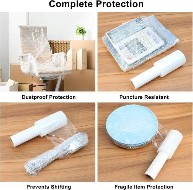 Alt view image 7 of 7 - Stretch Film 4" × 500 ft, Shrink Wrap Rolls with Handle, 80 Gauge