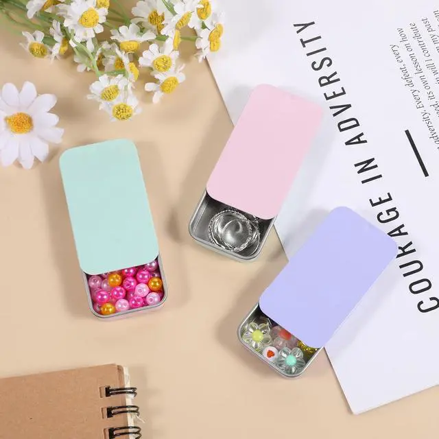 Alt view image 5 of 7 - SynHHergyx Metal Tin Box, 3 Pcs 2.36×1.33×0.4 Inch Slide Top Small Tin Box Rectangular Empty Containers with Lids Portable Mini Boxes for Candies Jewelry Crafts Lip Balm Cosmetic (3 Colors)