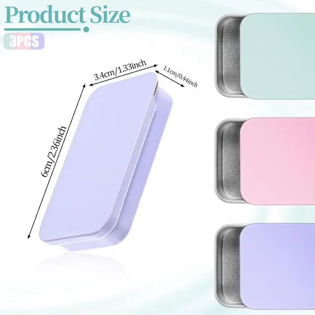 Alt view image 2 of 7 - SynHHergyx Metal Tin Box, 3 Pcs 2.36×1.33×0.4 Inch Slide Top Small Tin Box Rectangular Empty Containers with Lids Portable Mini Boxes for Candies Jewelry Crafts Lip Balm Cosmetic (3 Colors)