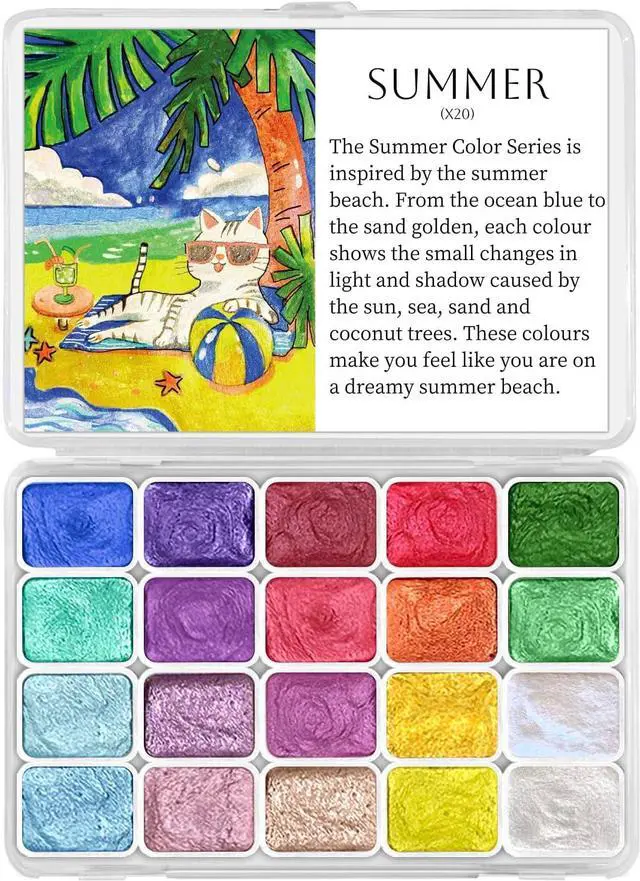 Main image of CraftyManor Mini Glitter Watercolor Paint Set, 20 Colors Shimmer Metallic Watercolour Painting Sets, Solid Pearl Water Color Paints for Adult, 1ml Trial Pack(Summer)
