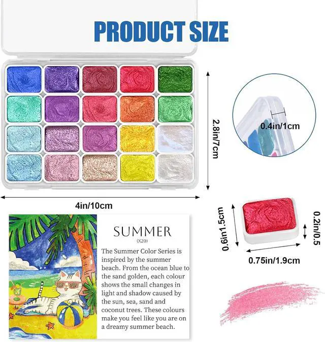 Alt view image 2 of 6 - CraftyManor Mini Glitter Watercolor Paint Set, 20 Colors Shimmer Metallic Watercolour Painting Sets, Solid Pearl Water Color Paints for Adult, 1ml Trial Pack(Summer)