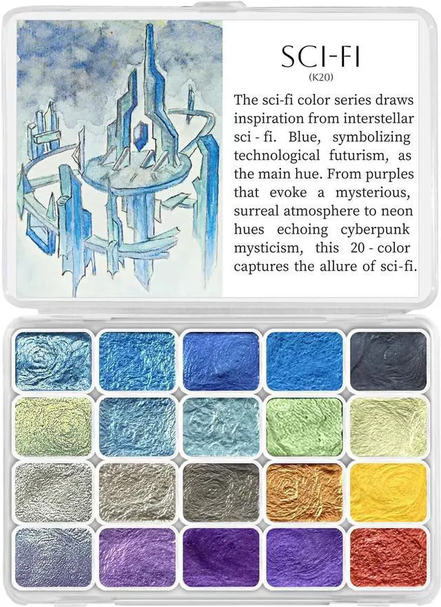 Main image of CraftyManor Mini Super Glitter Watercolor Paint Set, 20 Colors Ultra-Shimmer Metallic Watercolour Painting Sets, Solid Pearl Water Color Paints for Adult, 1ml Trial Pack (Sci-Fi)