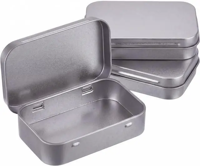 Main image of Hotop 3 Pack Metal Rectangular Empty Hinged Tins 3.75 x 2.45 x 0.8 Inch Box Containers with Lids Mini Portable Box Small Storage Kit, Home Organizer (Silver)