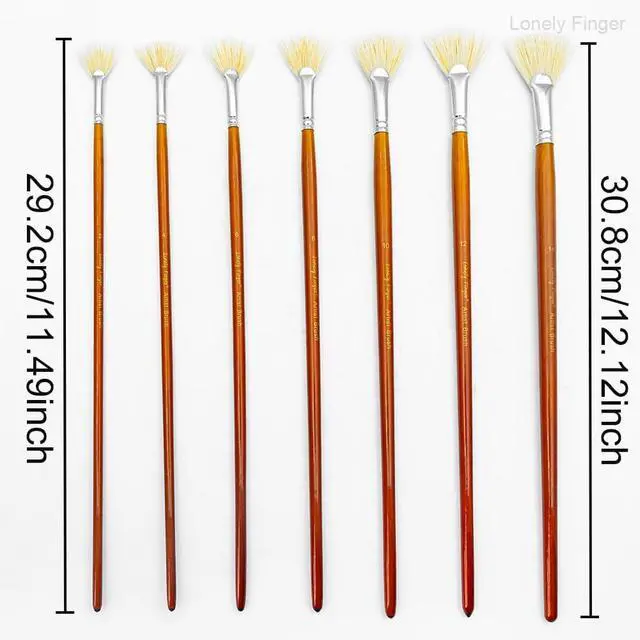 Alt view image 3 of 7 - Artist Fan Paint Brushes Set, 7 Pieces White Hog Bristle Natural Hair Anti-Shedding Brush Tips and Long Wood Handle, Professional Artist Fan Brushes for Acrylic Oil Painting