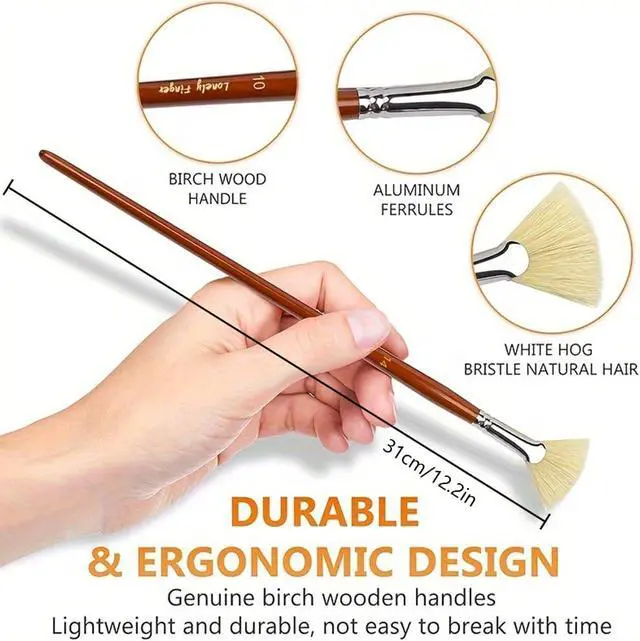 Alt view image 4 of 7 - Artist Fan Paint Brushes Set, 7 Pieces White Hog Bristle Natural Hair Anti-Shedding Brush Tips and Long Wood Handle, Professional Artist Fan Brushes for Acrylic Oil Painting