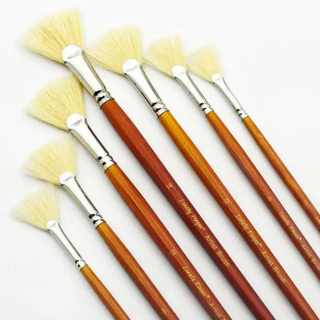 Alt view image 2 of 7 - Artist Fan Paint Brushes Set, 7 Pieces White Hog Bristle Natural Hair Anti-Shedding Brush Tips and Long Wood Handle, Professional Artist Fan Brushes for Acrylic Oil Painting