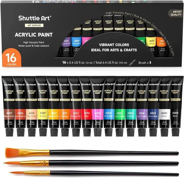 Main image of Shuttle Art Acrylic Paint Set, 16 x12ml Tubes Artist Quality Non Toxic Rich Pigments Colors Great for Kids Adults Professional Painting on Canvas Wood Clay Fabric Ceramic Crafts