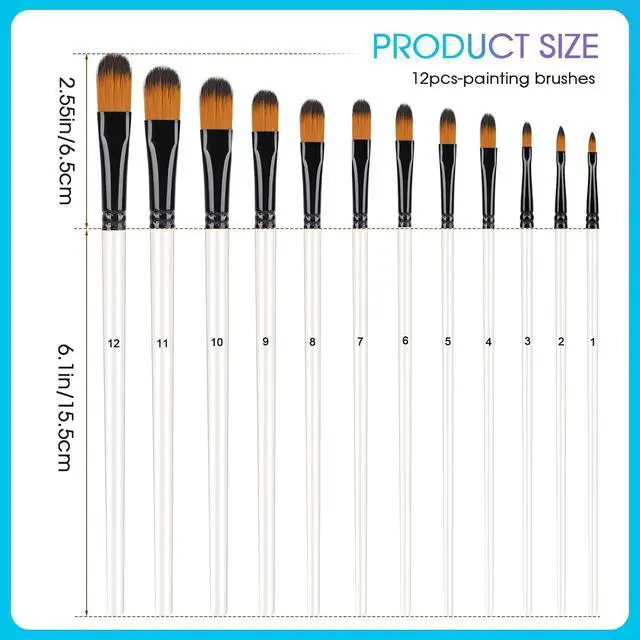 Alt view image 2 of 7 - 12 Pcs Filbert Paint Brush Set for Acrylic Painting, Flat Tip Watercolor Gouache Artist Brush Professional Painting Kits with Nylon Tips for Drawing Painting (Flat Tip)