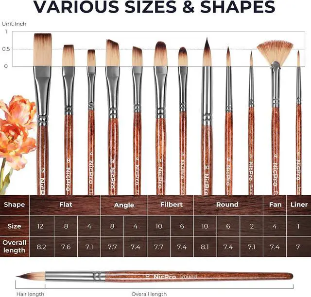 Alt view image 6 of 7 - Nicpro 12pcs Paint Brush Set,Craft Paint Brushes for Acrylic & Oil Painting