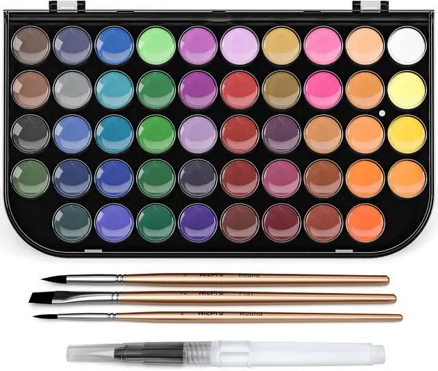 Main image of Nicpro Watercolor Paint Set, 48 Water Colors Kit with 3 Painting Brushes, Palette, Watercolor Pen, Non-toxic Painting Supplies for Kids, Adults, Students, Beginners and Artists