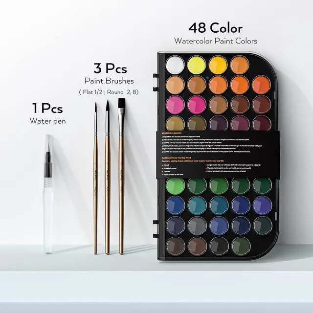 Alt view image 2 of 6 - Nicpro Watercolor Paint Set, 48 Water Colors Kit with 3 Painting Brushes, Palette, Watercolor Pen, Non-toxic Painting Supplies for Kids, Adults, Students, Beginners and Artists