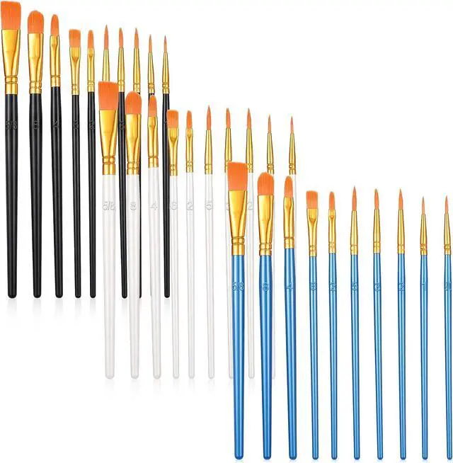 Main image of Acrylic Paint Brushes Set, 30 Pcs (3×10 Pack) Nylon Hair Artist Paint Brushes for Acrylic, Watercolor & Oil, Fine Detailing for Canvas, Rock & Nail Art (Black, White and Blue)