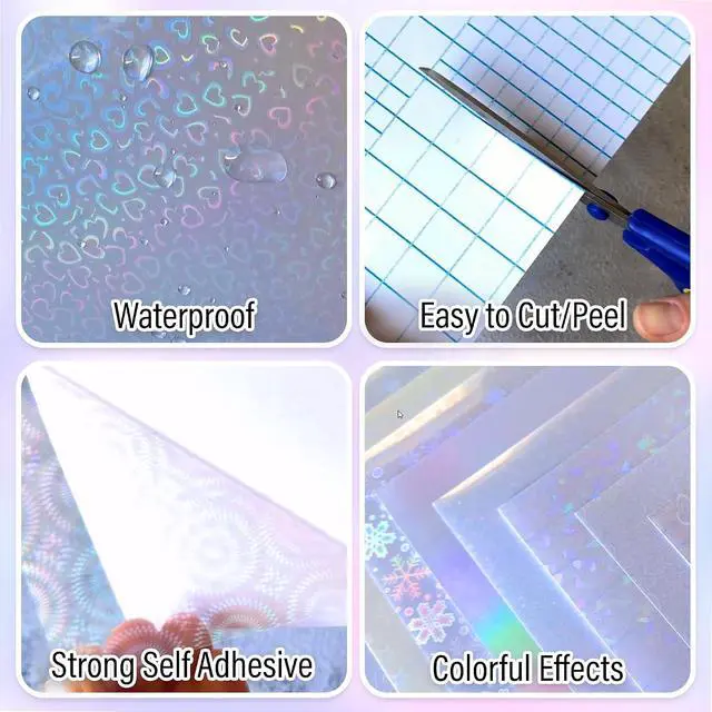 Alt view image 2 of 6 - SANZIX 36 Sheets Holographic Sticker Paper - Transparent Self Adhesive Vinyl Laminate Film for Stickers, Cricut Crafts, Scrapbooking, Waterproof, A4 (Colorful, Gem, Dot, Star Patterns)