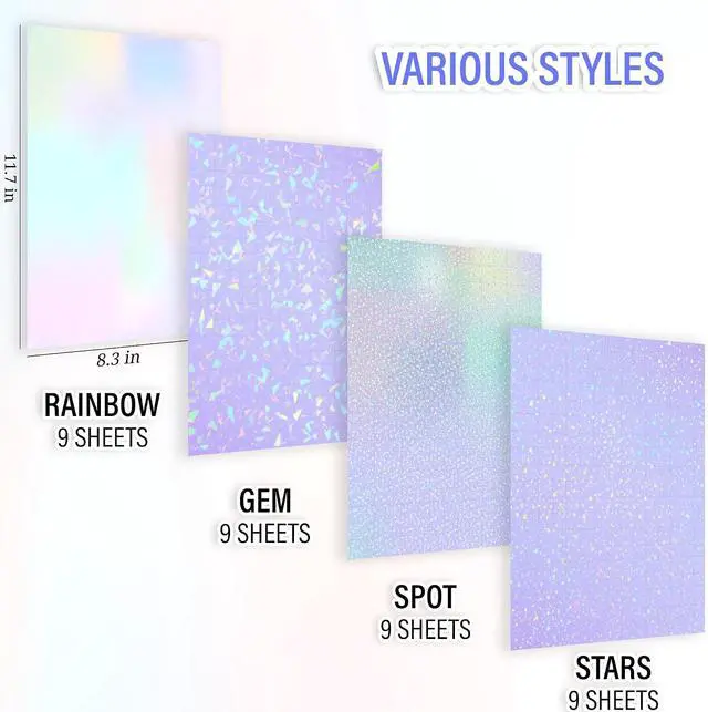 Alt view image 3 of 6 - SANZIX 36 Sheets Holographic Sticker Paper - Transparent Self Adhesive Vinyl Laminate Film for Stickers, Cricut Crafts, Scrapbooking, Waterproof, A4 (Colorful, Gem, Dot, Star Patterns)
