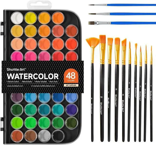 Main image of Shuttle Art 58 Pack Watercolor Paint Set, 48 Colors Watercolor Pan with 10 Paint Brushes for Beginners, Artists, Kids & Adults to Water Color Paint, Bullet Journal, Calligraphy Practice