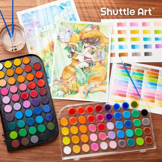 Alt view image 2 of 7 - Shuttle Art 58 Pack Watercolor Paint Set, 48 Colors Watercolor Pan with 10 Paint Brushes for Beginners, Artists, Kids & Adults to Water Color Paint, Bullet Journal, Calligraphy Practice