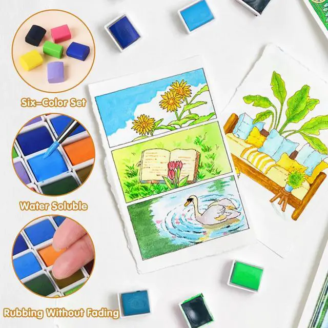 Alt view image 5 of 7 - Mini Portable 6-Color Solid Watercolor Paint Set for Adults & Artists, High Tinting Strength Travel Art Kit for Beginners and Professionals, Half Pans (Each Capacity Approx 1.5ml).Basic Color