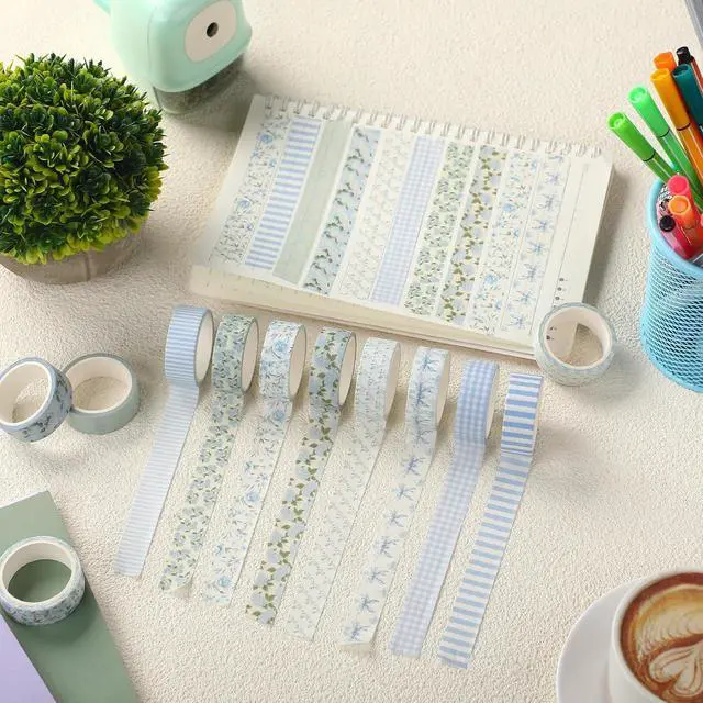 Alt view image 3 of 6 - 12 Rolls Floral Washi Tape Set,Dusty Blue,Rose and Hydrangea