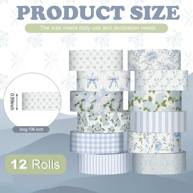 Alt view image 2 of 6 - 12 Rolls Floral Washi Tape Set,Dusty Blue,Rose and Hydrangea