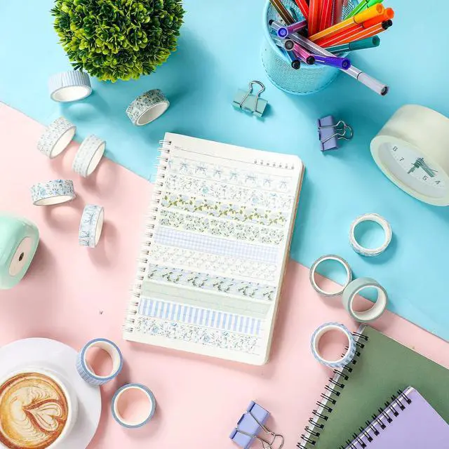 Alt view image 5 of 6 - 12 Rolls Floral Washi Tape Set,Dusty Blue,Rose and Hydrangea