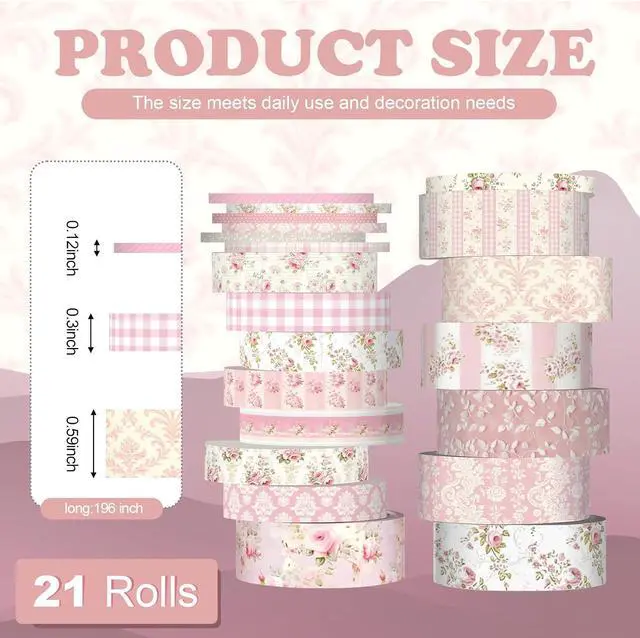 Alt view image 2 of 7 - Colarr 21 Rolls Watercolor Floral Washi Tape Set 6 Yard Spring Flower Decorative Masking Tape for Craft DIY Arts Scrapbook Journaling Supplies Gift Wrapping, 3 Sizes (Roses)