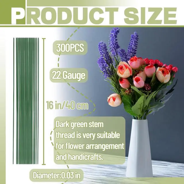 Alt view image 2 of 7 - 200 PCS 22 Gauge Floral Stem Wire Flower Arrangements and DIY Crafts,Dark Green,Floral Wire for Florist Flower Arrangement 16 Inches,Diameter:0.03 inch