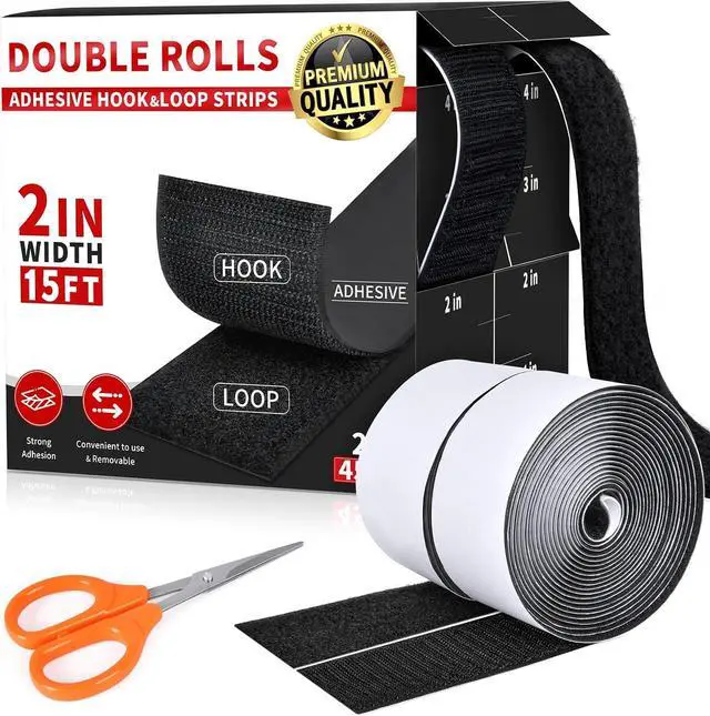 Main image of 2 Inch x 15Ft Hook and Loop Strips with Adhesive, Double Sided Self Adhesive, Nylon Self Tape for Home Office School and Crafting