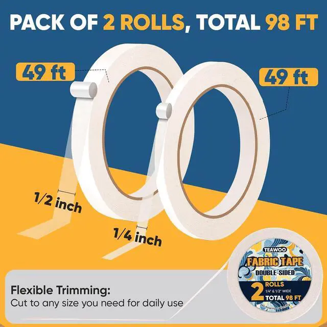 Alt view image 2 of 7 - 2 Rolls Double Sided Fabric Tape,1/3-1/2IN 98 FT Hem Tape No Sewing No Iron