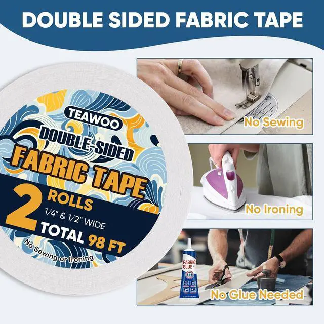 Alt view image 3 of 7 - 2 Rolls Double Sided Fabric Tape,1/3-1/2IN 98 FT Hem Tape No Sewing No Iron