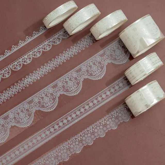 Alt view image 2 of 7 - 6 Rolls Lace Patterns PET Tapes Floral Arts Decorative Tape Set Adhesive Transparent Masking Tapes for DIY Craft, Kids, Scrapbook, DIY, Gift Wrapping, Journal (Pure White)