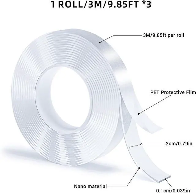 Alt view image 2 of 7 - 3 Rolls Double Sided Tape, Nano Tape, Transparent Adhesive Tape, Traceless Adhesive Tape, Removable, Washable, Reusable, Suitable for Carpets, Photo Walls, 9.85 Feet Per Roll