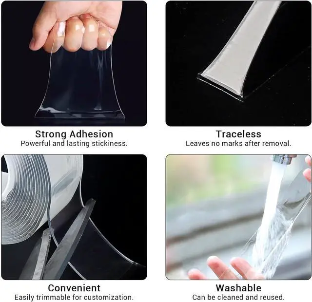 Alt view image 7 of 7 - 3 Rolls Double Sided Tape, Nano Tape, Transparent Adhesive Tape, Traceless Adhesive Tape, Removable, Washable, Reusable, Suitable for Carpets, Photo Walls, 9.85 Feet Per Roll