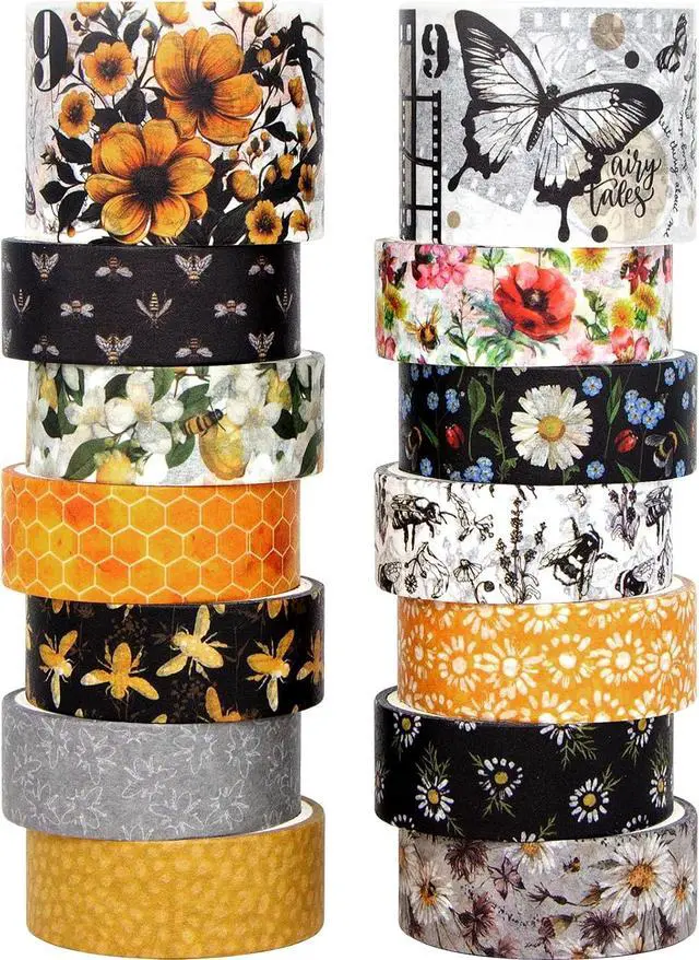 Main image of Washi Tape Set 14 Rolls, Vintage Bee Floral Butterfly Botanical Washi Tape, Yellow Black Decorative Tapes for Scrapbooking Supplies, Junk Journal, Bullet Journaling, Art Crafts
