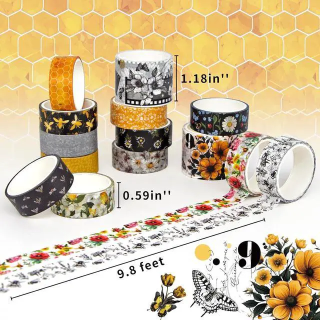 Alt view image 2 of 6 - Washi Tape Set 14 Rolls, Vintage Bee Floral Butterfly Botanical Washi Tape, Yellow Black Decorative Tapes for Scrapbooking Supplies, Junk Journal, Bullet Journaling, Art Crafts