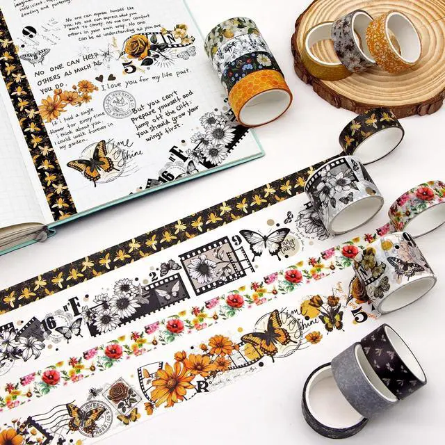 Alt view image 3 of 6 - Washi Tape Set 14 Rolls, Vintage Bee Floral Butterfly Botanical Washi Tape, Yellow Black Decorative Tapes for Scrapbooking Supplies, Junk Journal, Bullet Journaling, Art Crafts