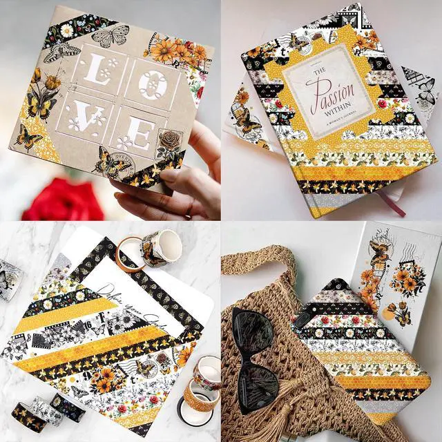 Alt view image 4 of 6 - Washi Tape Set 14 Rolls, Vintage Bee Floral Butterfly Botanical Washi Tape, Yellow Black Decorative Tapes for Scrapbooking Supplies, Junk Journal, Bullet Journaling, Art Crafts