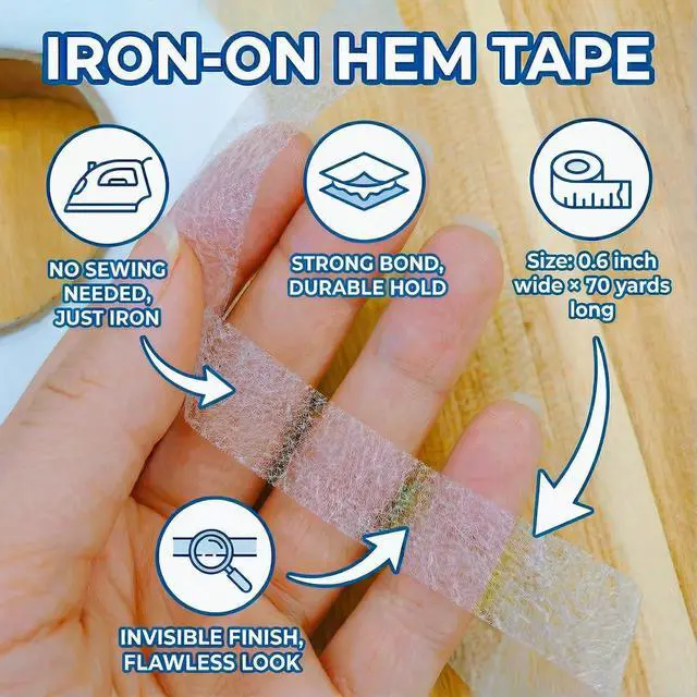 Alt view image 3 of 6 - Iron-On Hem Tape - Double Sided Fusible Bonding Web - No Sew Fabric Adhesive Roll for Hemming Jeans, Pants, Curtains, and DIY Crafts - Extra Long 70 Yards x 0.6 Inch (White) (1)