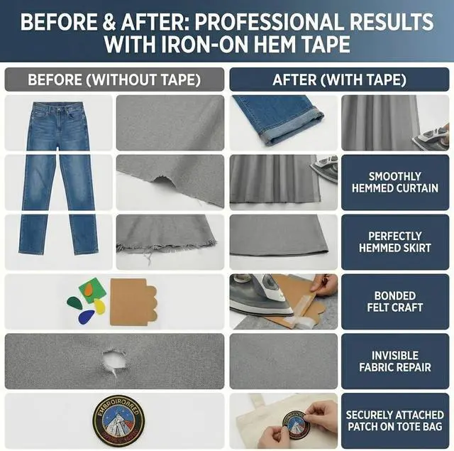 Alt view image 6 of 6 - Iron-On Hem Tape - Double Sided Fusible Bonding Web - No Sew Fabric Adhesive Roll for Hemming Jeans, Pants, Curtains, and DIY Crafts - Extra Long 70 Yards x 0.6 Inch (White) (1)
