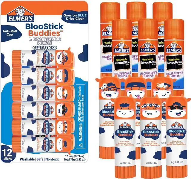 Main image of Elmer's Glue Sticks Combo Pack, BlooStick Buddies & Disappearing Purple, 6 Grams, 12 Count - Kids School Supplies, Arts & Crafts, #1 Teacher Brand