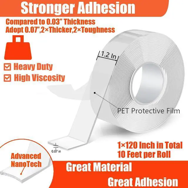 Alt view image 2 of 7 - Double Sided Heavy Duty Extra Strong Adhesive Tape - 1.2 Inch x 10 feet - Removable Nano Tape for Poster Carpet Picture Hanging Strip Rug Wall Outdoor - Adhesive Multipurpose Clear Mounting Tape
