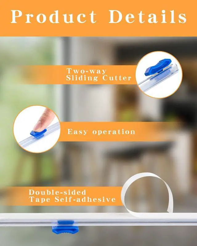 Alt view image 3 of 5 - Plastic Wrap Slide Cutter - 4 Sticks Self-Adhesive Fit 12" Roll Plastic Wrap Sliding Cutter for Foil Wax Paper Parchment Paper - Wrapping Paper Cutter Replacement Fit Most Brands Wrap Dispenser