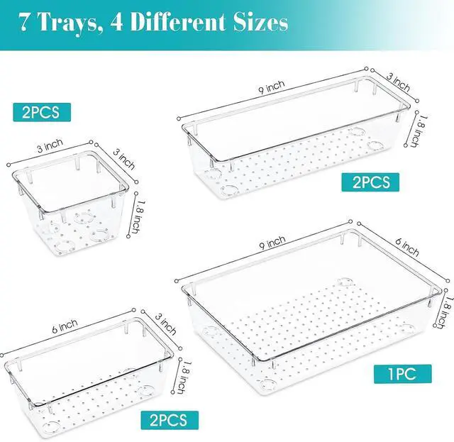 Alt view image 2 of 6 - 7 PCS Plastic Drawer Organizers Set, 4 Size Desk Drawer Organizer Trays